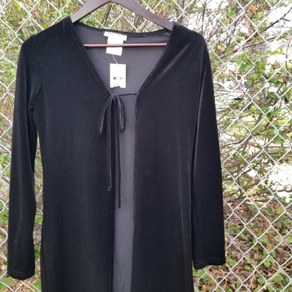 NWT M Studio vintage long black velvet front tie cardigan S